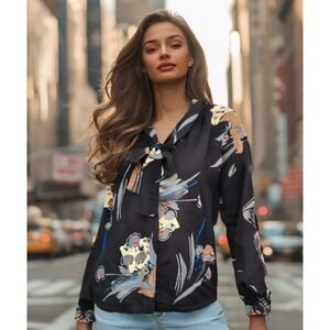 Vintage Abstract Floral Top Womens Size Medium Black Bow Button Up Long Sleeve